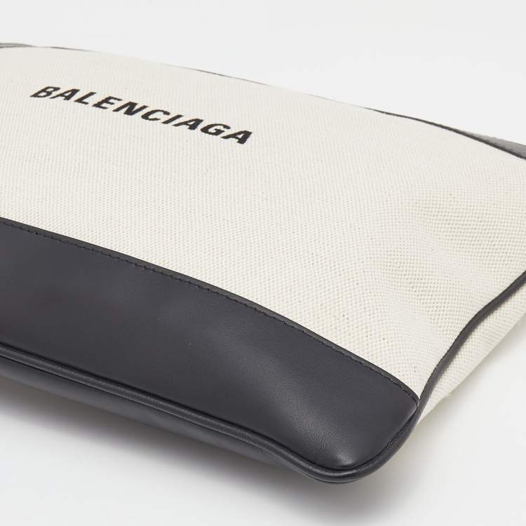 Pre Owned Balenciaga Cream/Black Canvas And Leather Logo Zip Pouch