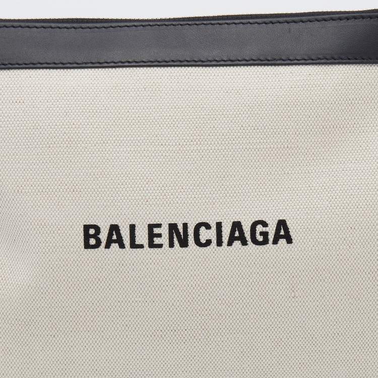 Pre Owned Balenciaga Cream/Black Canvas And Leather Logo Zip Pouch