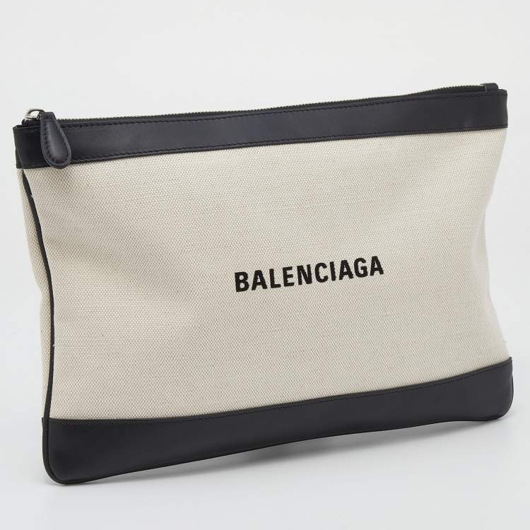 Pre Owned Balenciaga Cream/Black Canvas And Leather Logo Zip Pouch