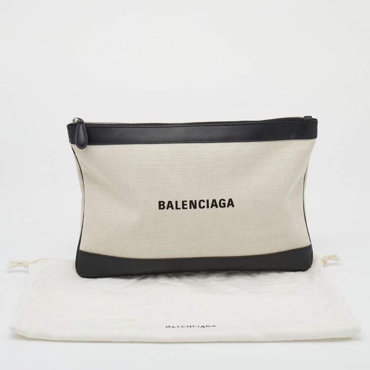 Pre Owned Balenciaga Cream/Black Canvas And Leather Logo Zip Pouch