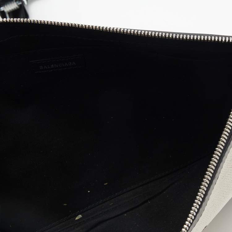 Pre Owned Balenciaga Cream/Black Canvas And Leather Logo Zip Pouch