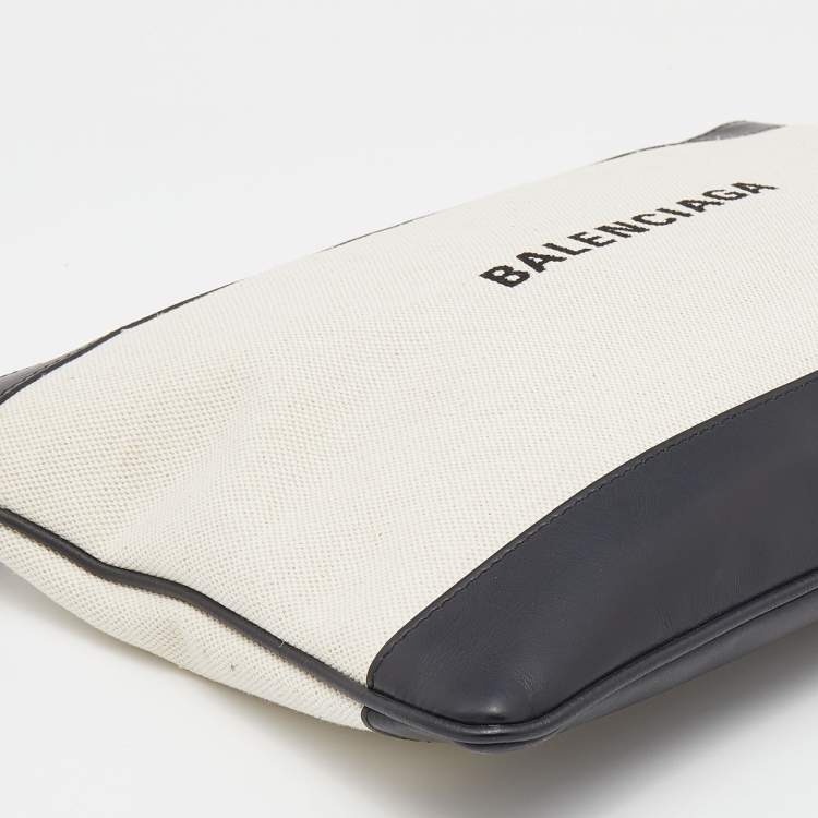 Pre Owned Balenciaga Cream/Black Canvas And Leather Logo Zip Pouch