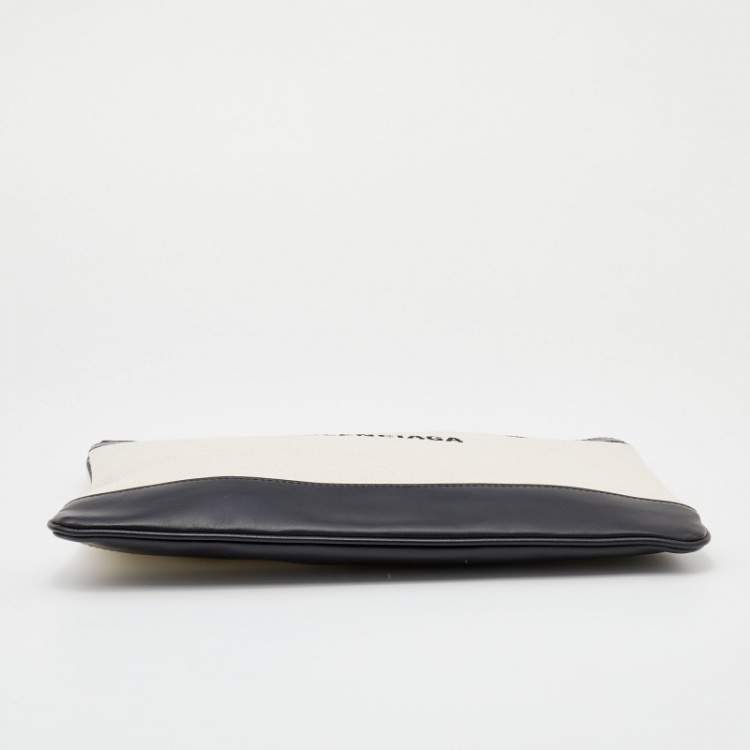 Pre Owned Balenciaga Cream/Black Canvas And Leather Logo Zip Pouch