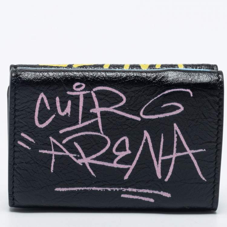 Pre Owned Balenciaga Multicolor Graffiti Print Leather Mini Papier Wallet