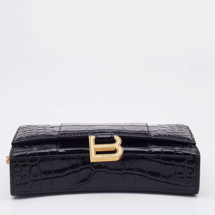 Pre Owned Balenciaga Black Croc Embossed Leather Hourglass Wallet on Chain