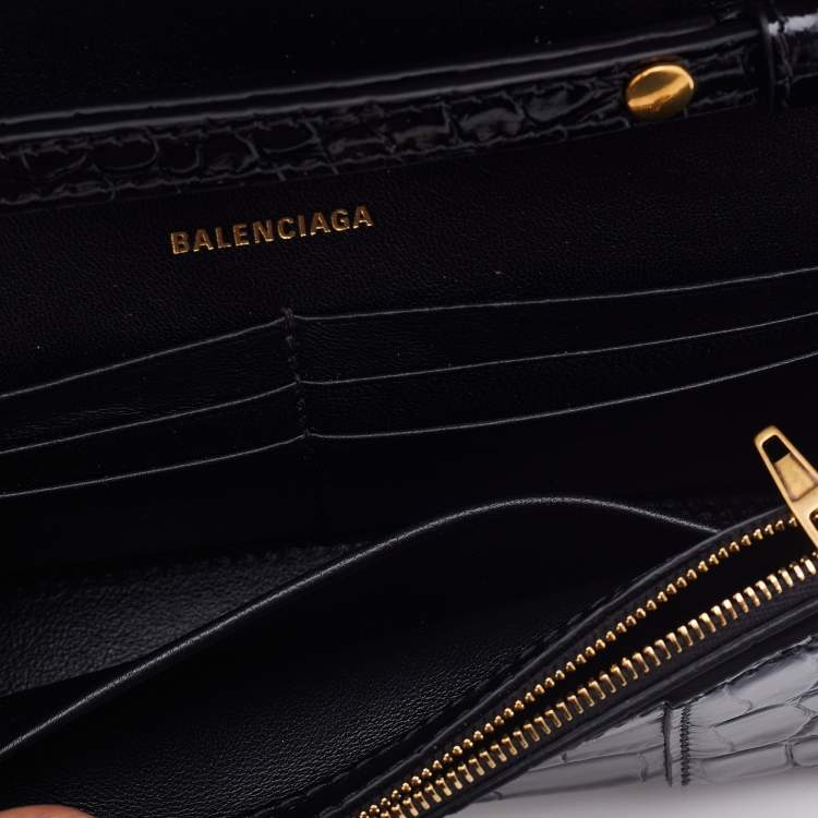 Pre Owned Balenciaga Black Croc Embossed Leather Hourglass Wallet on Chain