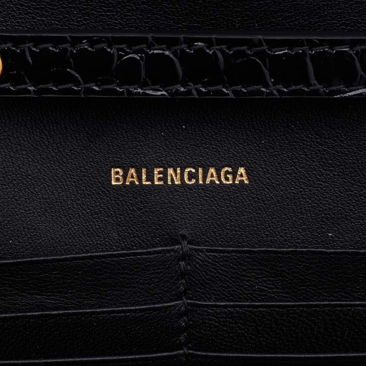Pre Owned Balenciaga Black Croc Embossed Leather Hourglass Wallet on Chain