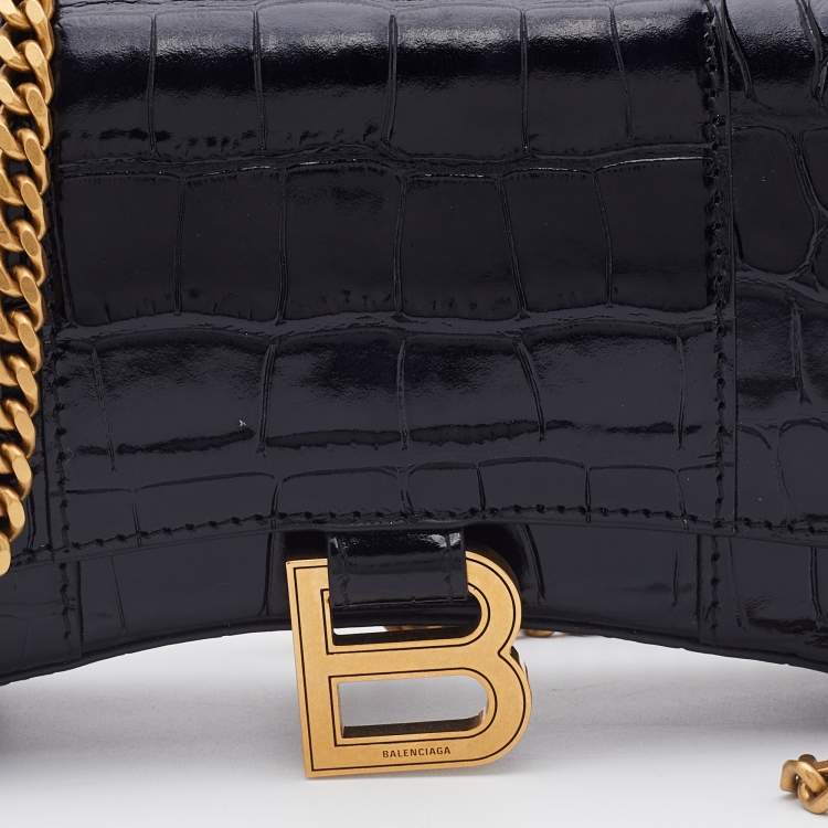 Pre Owned Balenciaga Black Croc Embossed Leather Hourglass Wallet on Chain