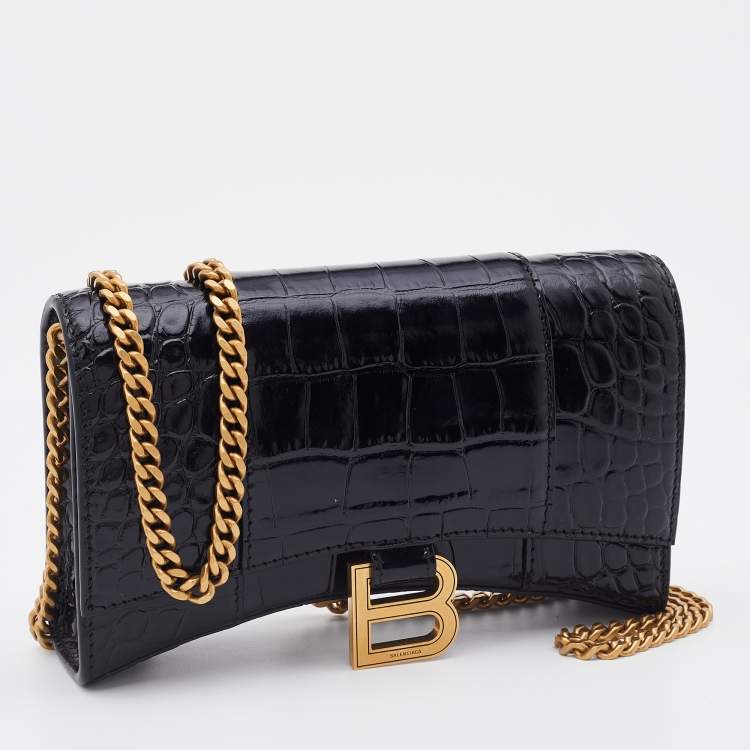 Pre Owned Balenciaga Black Croc Embossed Leather Hourglass Wallet on Chain