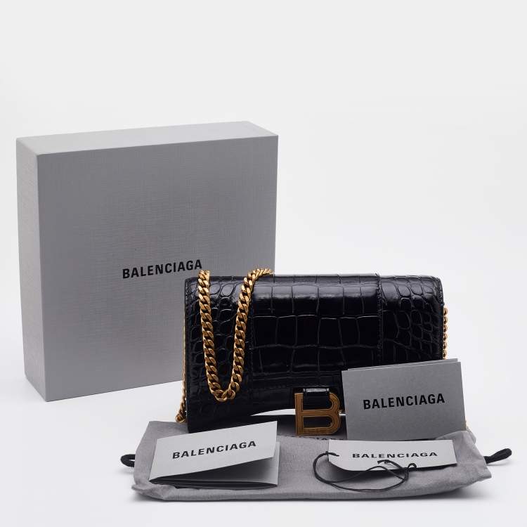 Pre Owned Balenciaga Black Croc Embossed Leather Hourglass Wallet on Chain