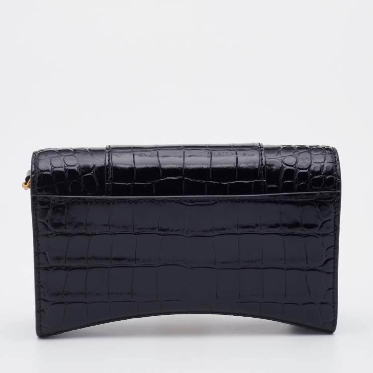 Pre Owned Balenciaga Black Croc Embossed Leather Hourglass Wallet on Chain