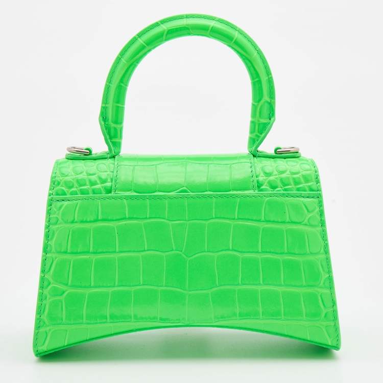 Pre Owned Balenciaga Green Croc Embossed Leather Embellished Hourglass XS Top Handle Bag