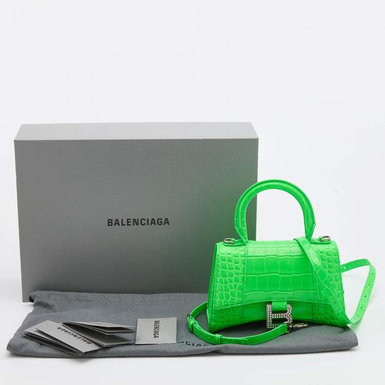 Pre Owned Balenciaga Green Croc Embossed Leather Embellished Hourglass XS Top Handle Bag
