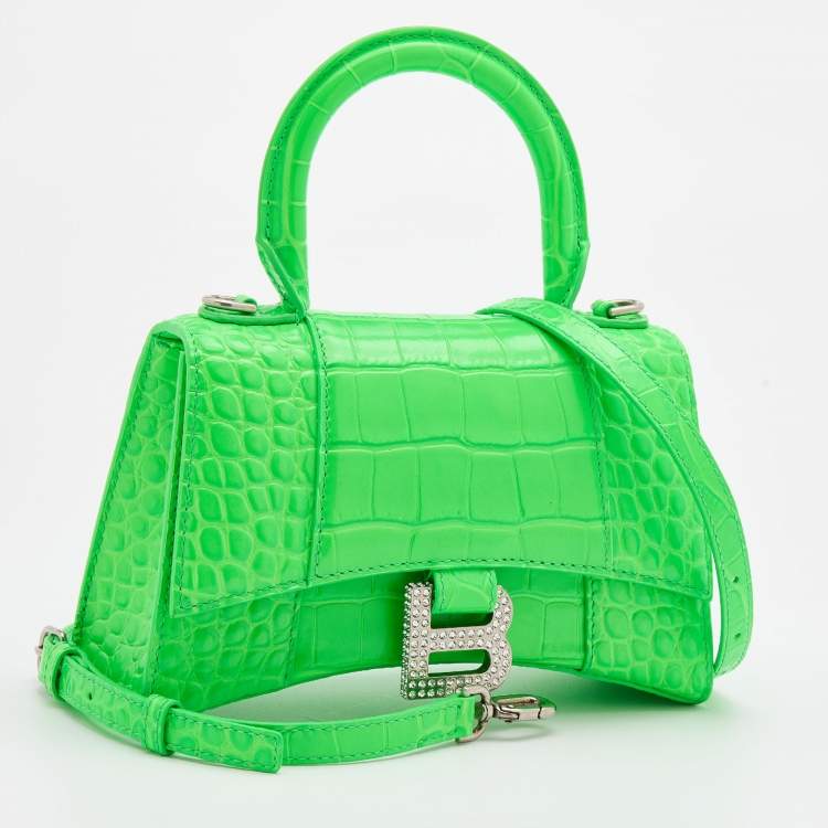 Pre Owned Balenciaga Green Croc Embossed Leather Embellished Hourglass XS Top Handle Bag