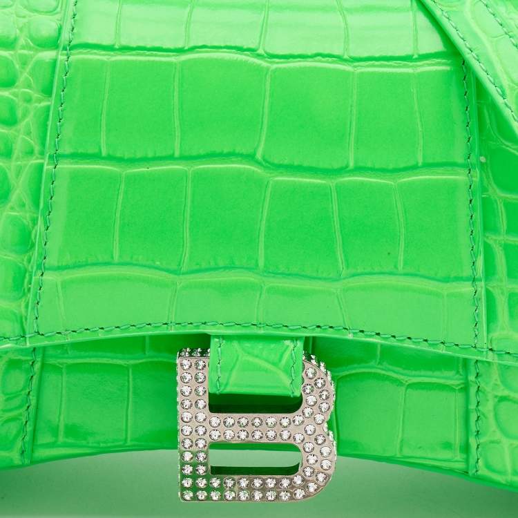 Pre Owned Balenciaga Green Croc Embossed Leather Embellished Hourglass XS Top Handle Bag