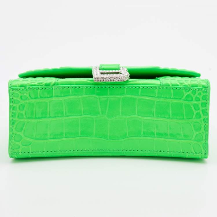 Pre Owned Balenciaga Green Croc Embossed Leather Embellished Hourglass XS Top Handle Bag