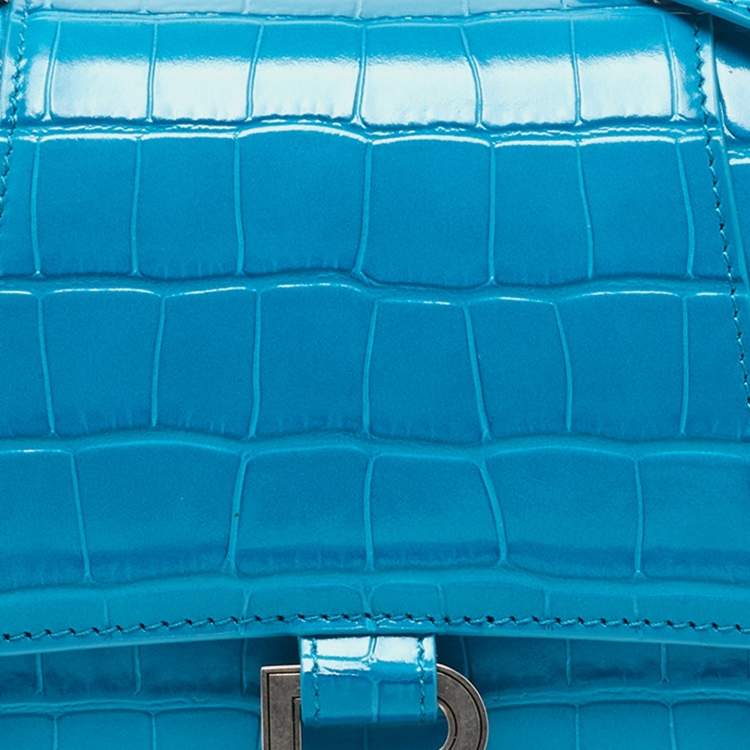 Pre Owned Balenciaga Blue Croc Embossed Leather Hourglass Top Handle Bag