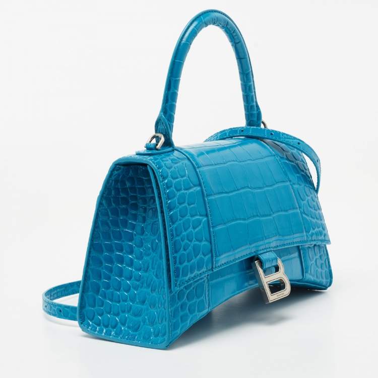 Pre Owned Balenciaga Blue Croc Embossed Leather Hourglass Top Handle Bag