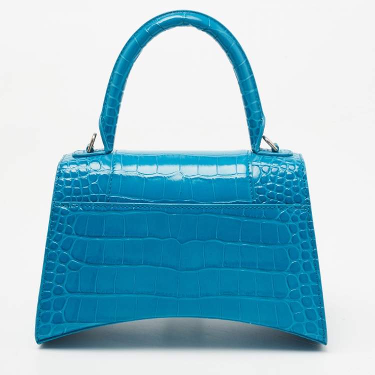 Pre Owned Balenciaga Blue Croc Embossed Leather Hourglass Top Handle Bag
