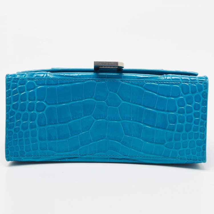 Pre Owned Balenciaga Blue Croc Embossed Leather Hourglass Top Handle Bag