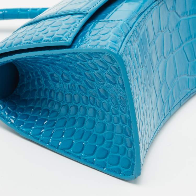 Pre Owned Balenciaga Blue Croc Embossed Leather Hourglass Top Handle Bag