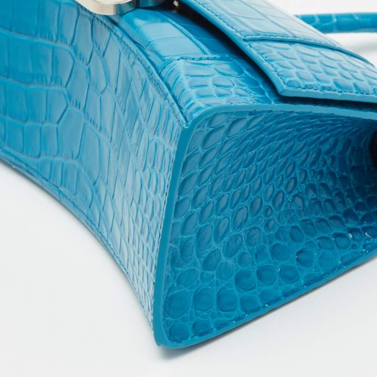 Pre Owned Balenciaga Blue Croc Embossed Leather Hourglass Top Handle Bag