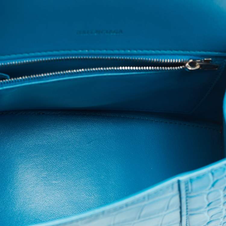 Pre Owned Balenciaga Blue Croc Embossed Leather Hourglass Top Handle Bag