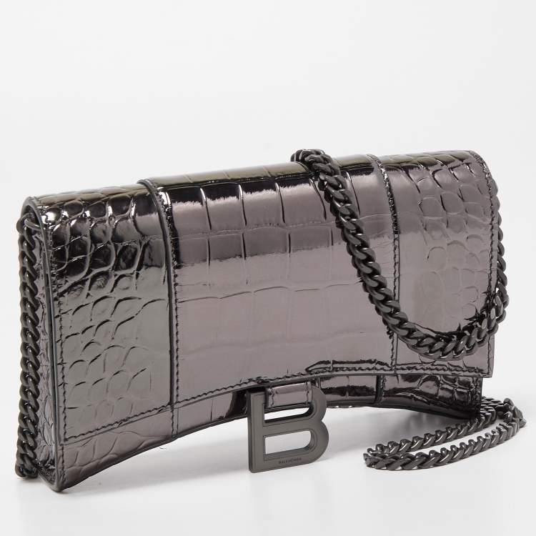 Pre Owned Balenciaga Grey Croc Embossed Patent Leather Small Hourglass Wallet on Chain