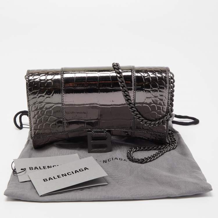 Pre Owned Balenciaga Grey Croc Embossed Patent Leather Small Hourglass Wallet on Chain