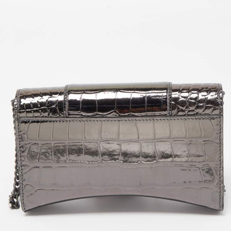 Pre Owned Balenciaga Grey Croc Embossed Patent Leather Small Hourglass Wallet on Chain