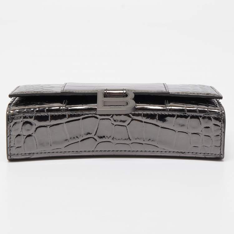 Pre Owned Balenciaga Grey Croc Embossed Patent Leather Small Hourglass Wallet on Chain