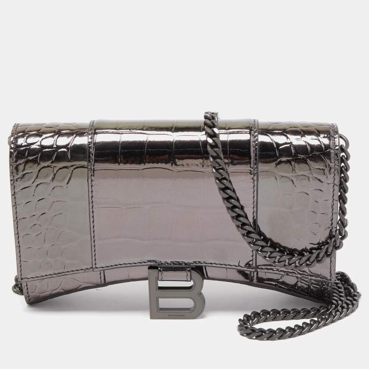 Pre Owned Balenciaga Grey Croc Embossed Patent Leather Small Hourglass Wallet on Chain