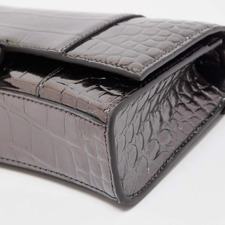Pre Owned Balenciaga Grey Croc Embossed Patent Leather Small Hourglass Wallet on Chain