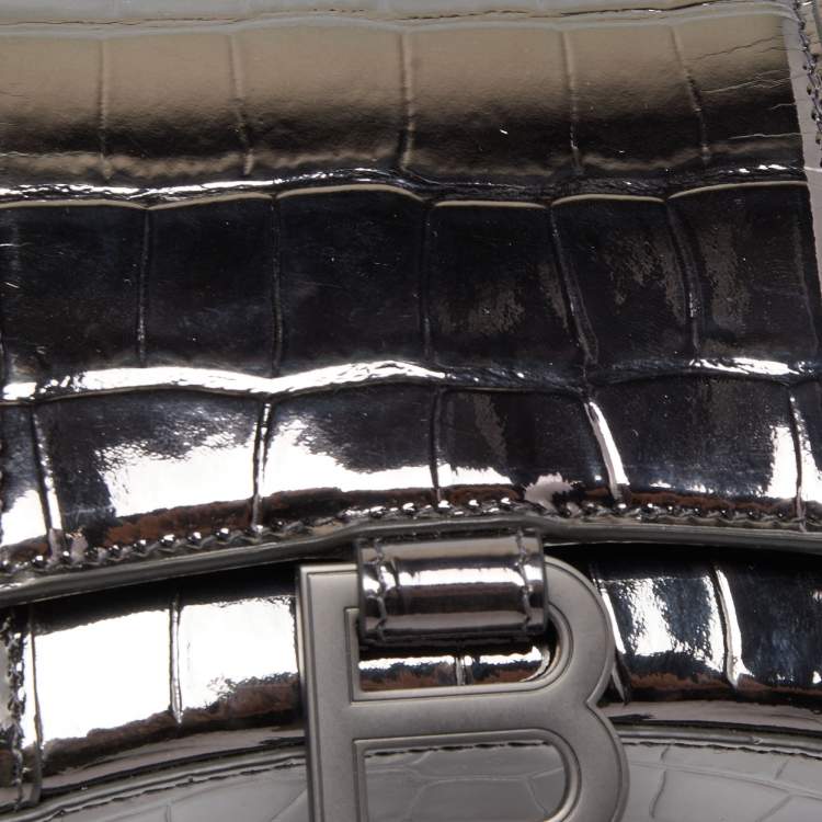 Pre Owned Balenciaga Grey Croc Embossed Patent Leather Small Hourglass Wallet on Chain
