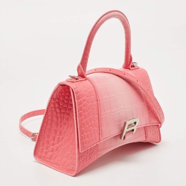 Pre Owned Balenciaga Pink Ombre Croc Embossed Leather Small Hourglass Top Handle Bag