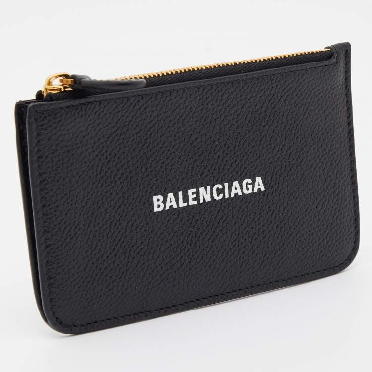 Pre Owned Balenciaga Black Leather Logo Zip Card Holder