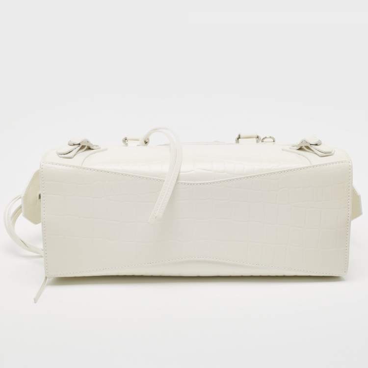 Pre Owned Balenciaga Off White Croc Embossed Leather Small Neo Classic Tote