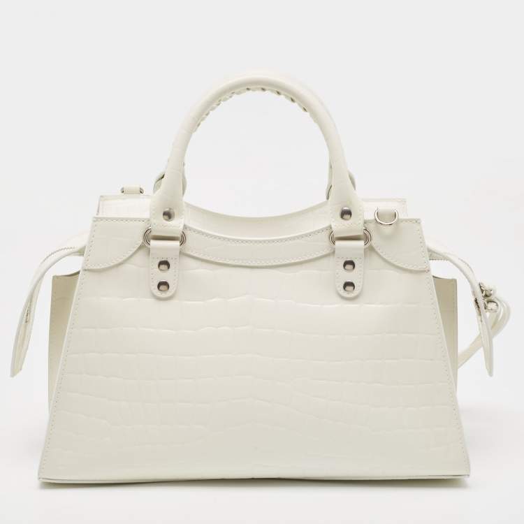Pre Owned Balenciaga Off White Croc Embossed Leather Small Neo Classic Tote