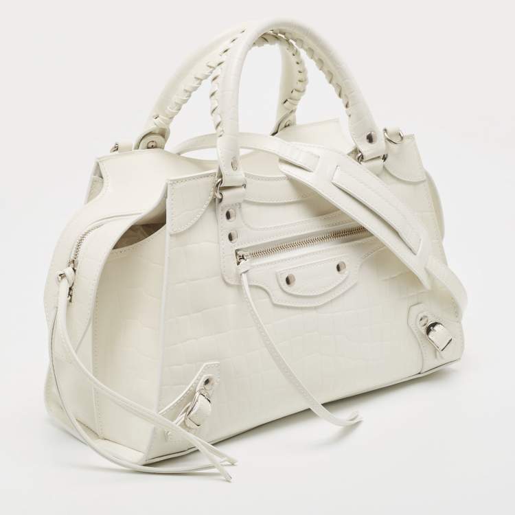 Pre Owned Balenciaga Off White Croc Embossed Leather Small Neo Classic Tote