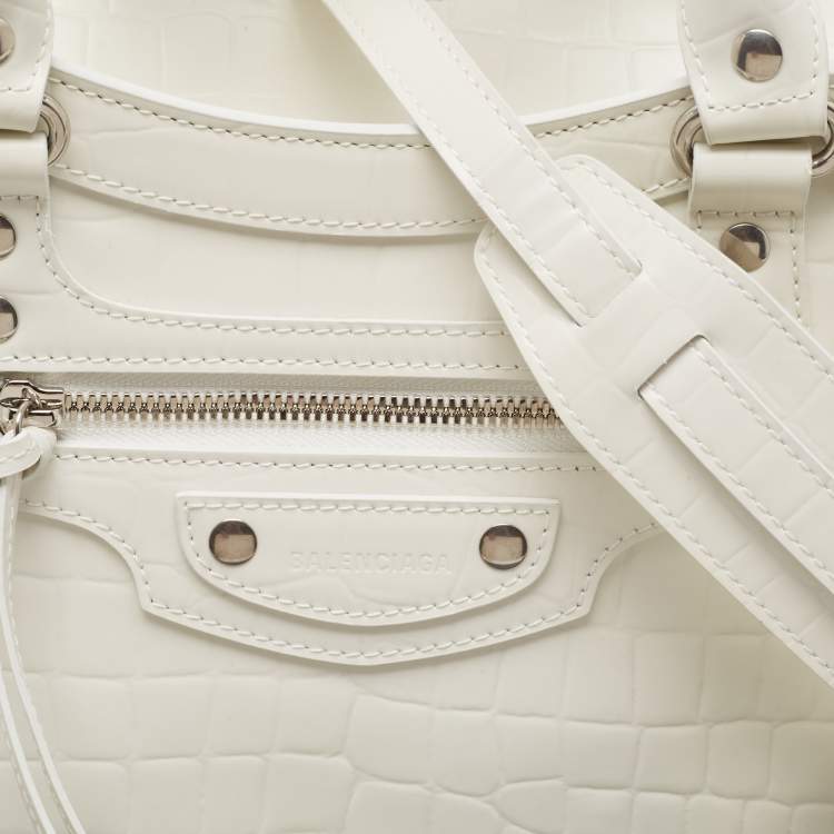 Pre Owned Balenciaga Off White Croc Embossed Leather Small Neo Classic Tote
