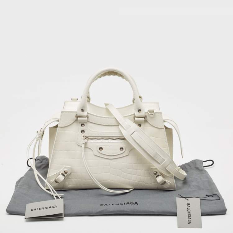 Pre Owned Balenciaga Off White Croc Embossed Leather Small Neo Classic Tote