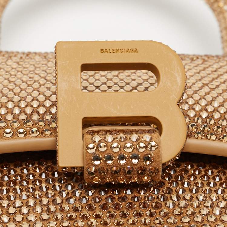 Pre Owned Balenciaga Gold/Brown Leather XS Crystal Hourglass Top Handle Bag