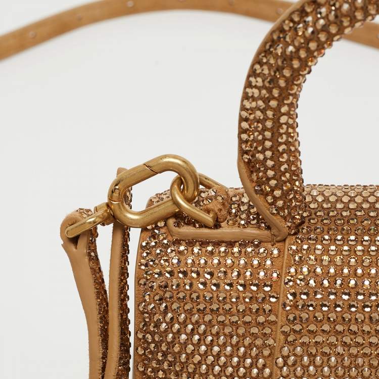 Pre Owned Balenciaga Gold/Brown Leather XS Crystal Hourglass Top Handle Bag
