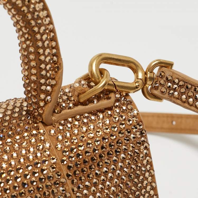Pre Owned Balenciaga Gold/Brown Leather XS Crystal Hourglass Top Handle Bag
