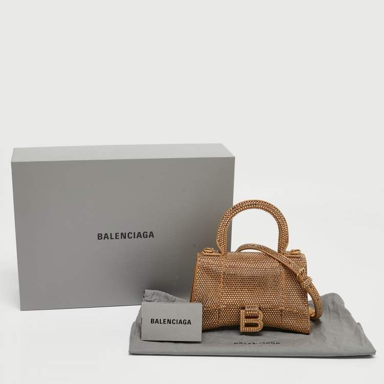 Pre Owned Balenciaga Gold/Brown Leather XS Crystal Hourglass Top Handle Bag