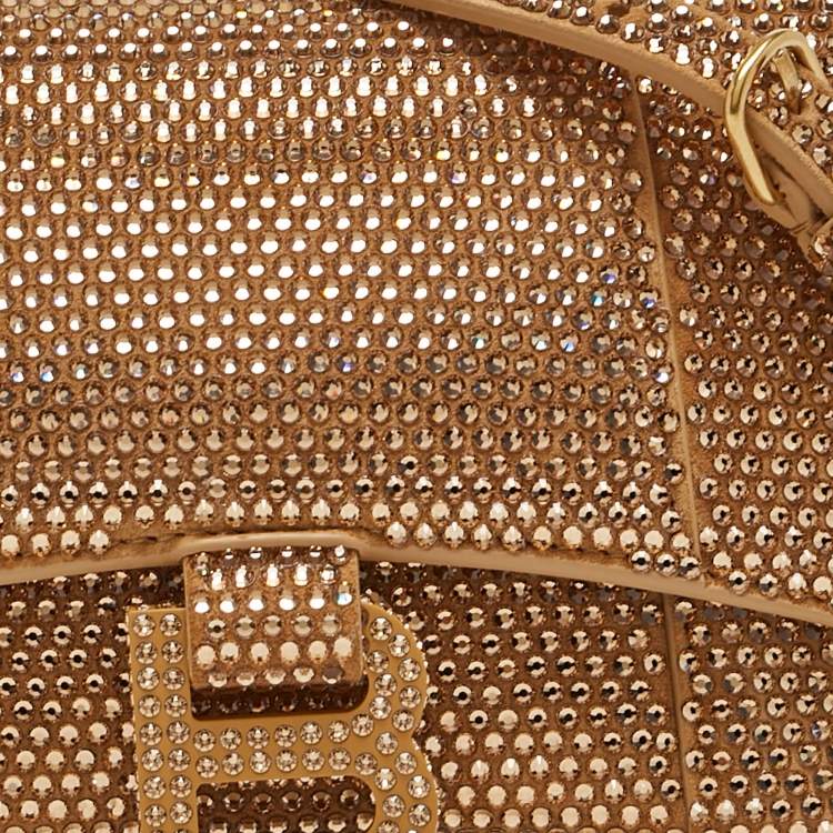 Pre Owned Balenciaga Gold/Brown Leather XS Crystal Hourglass Top Handle Bag