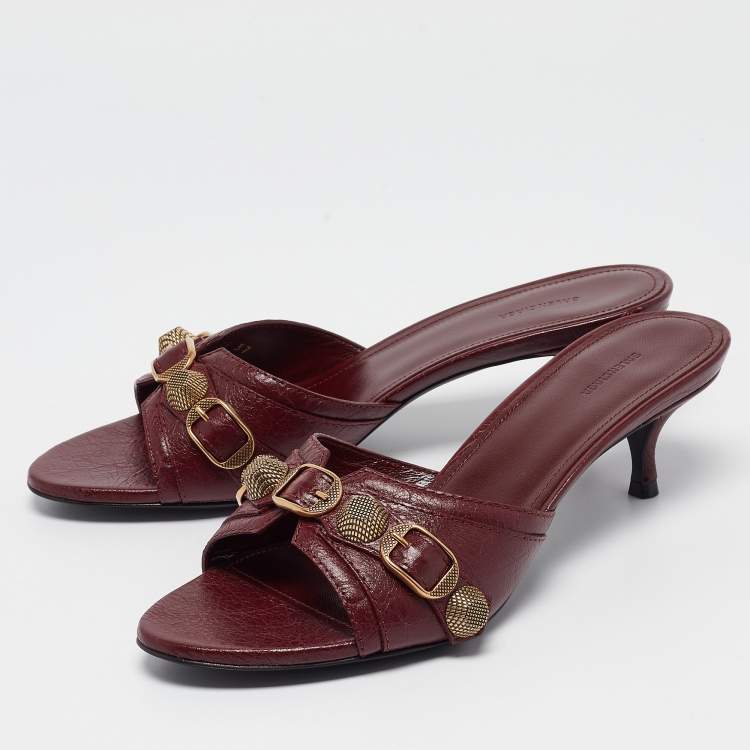 Pre Owned Balenciaga Burgundy Leather Le Cagole Slide Sandals Size 37
