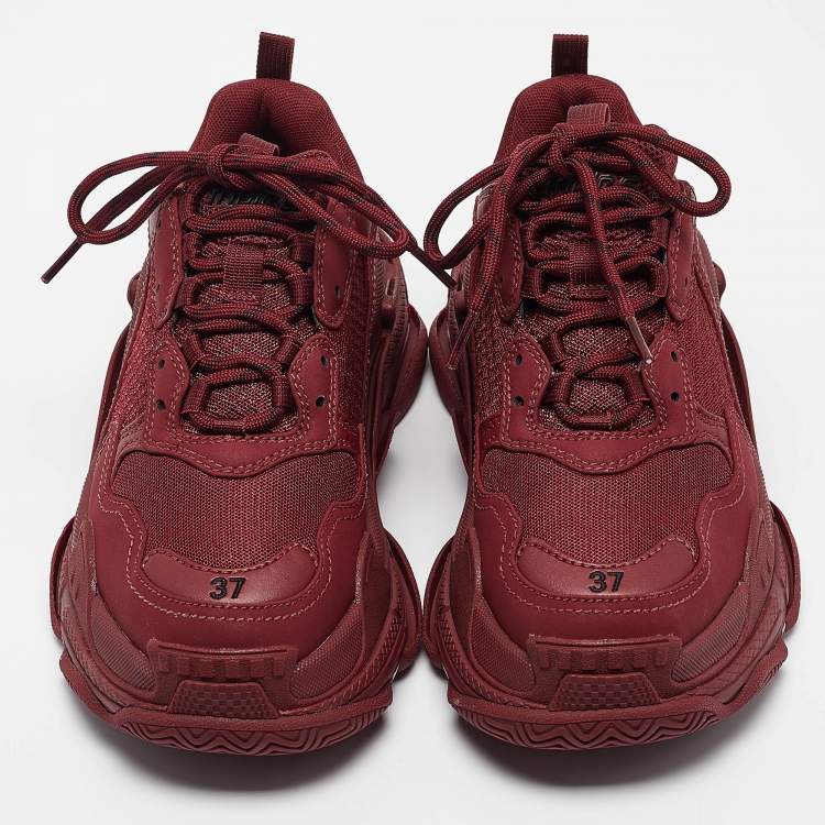 Pre Owned Balenciaga Burgundy Mesh and Nubuck Leather Triple S Lace Up Sneakers Size  37