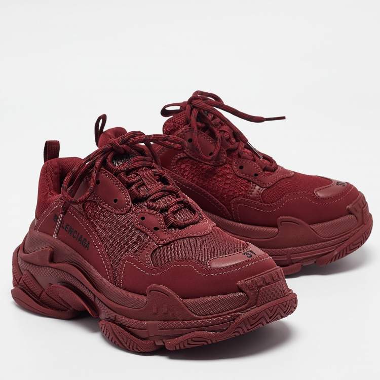 Pre Owned Balenciaga Burgundy Mesh and Nubuck Leather Triple S Lace Up Sneakers Size  37