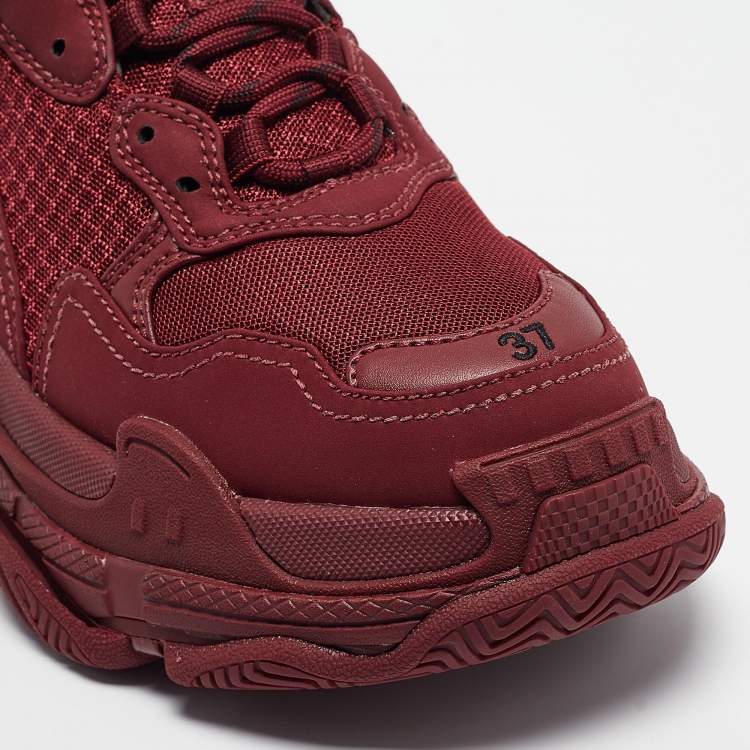 Pre Owned Balenciaga Burgundy Mesh and Nubuck Leather Triple S Lace Up Sneakers Size  37